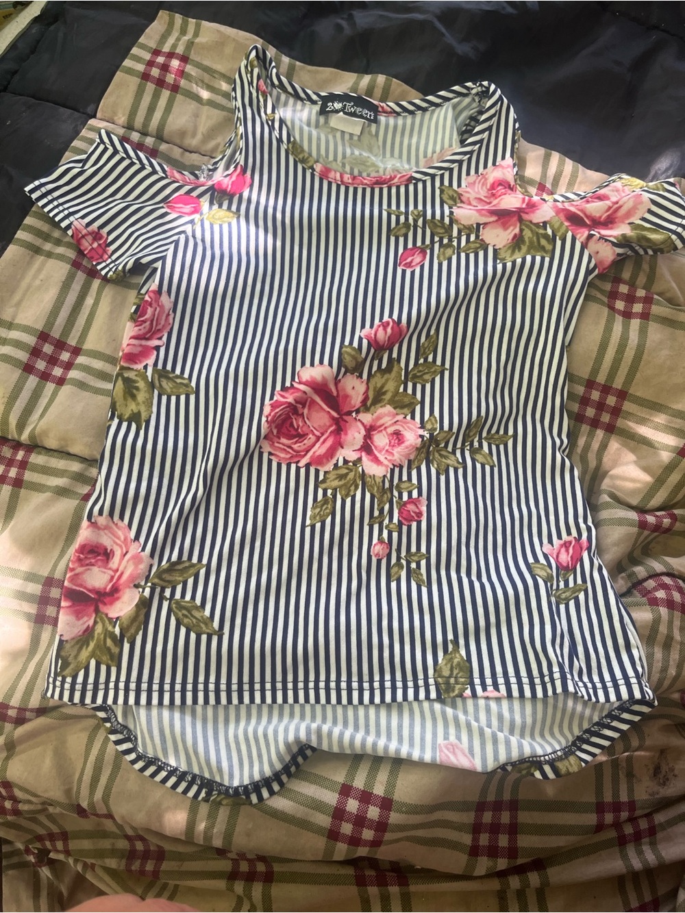 Love Tree Navy & White Striped Cold-Shoulder Top with Pink Floral Print